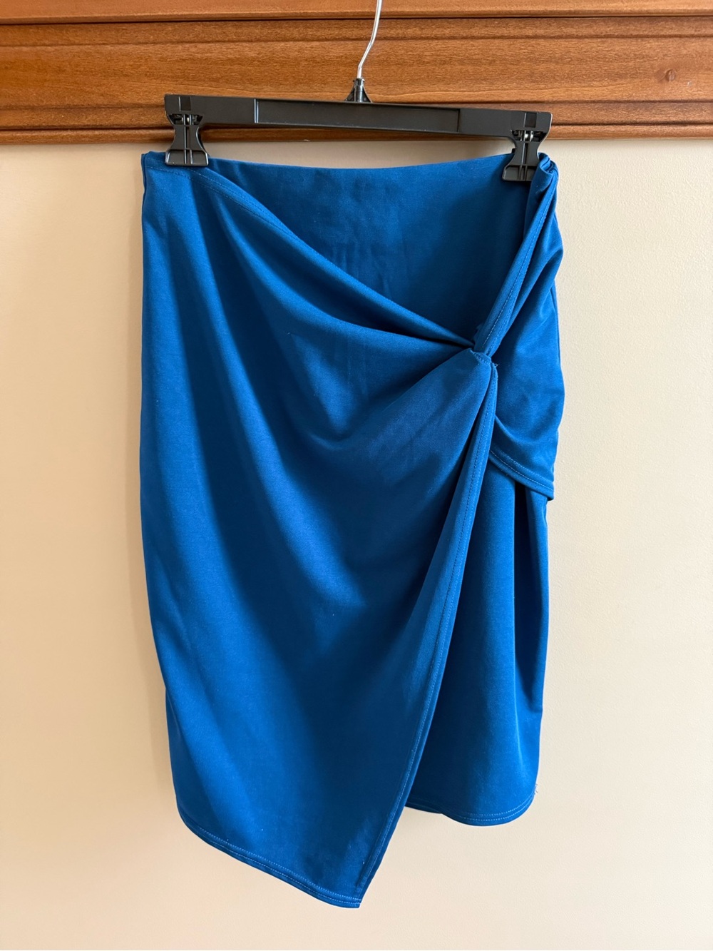 Draped Knot-Front Asymmetrical Skirt in Cobalt Blue